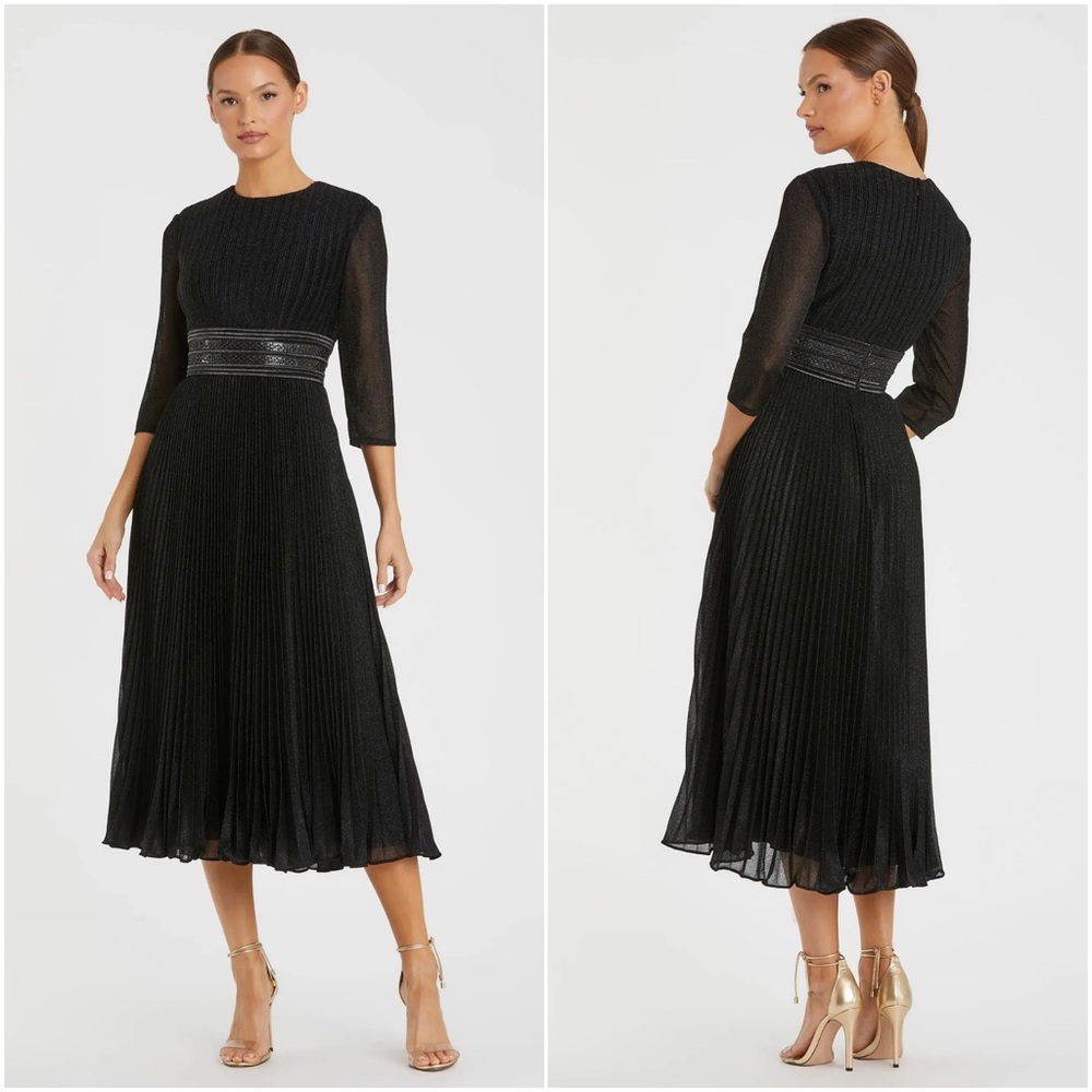 Mac Duggal Black Shimmering 3/4 Sleeve A-Line Midi Dress in Black